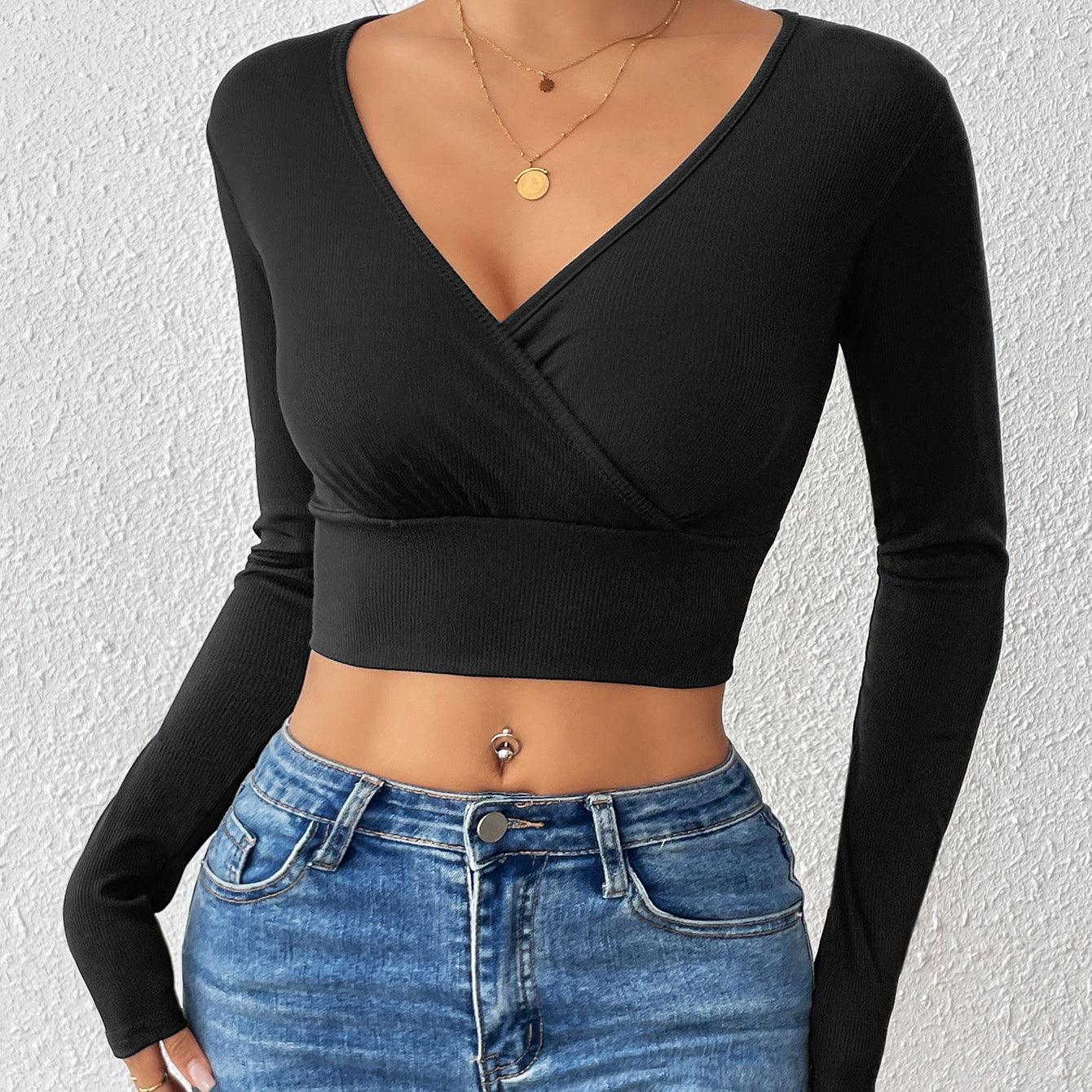 Cross V-neck Cropped Top Slim Fit Slimming Sweater