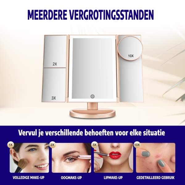 Meerdere vergrotingsstanden Make-Up Spiegel met LED Verlichting